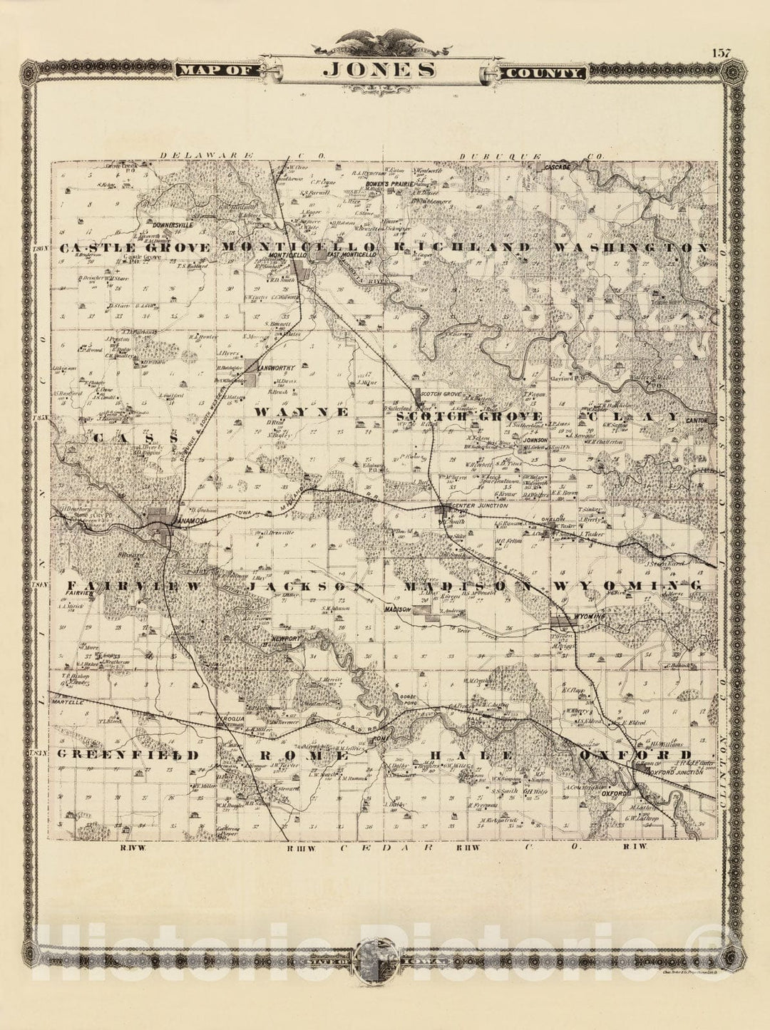 Historic Map - 1875 Map of Jones County, State of Iowa. - Vintage Wall Art