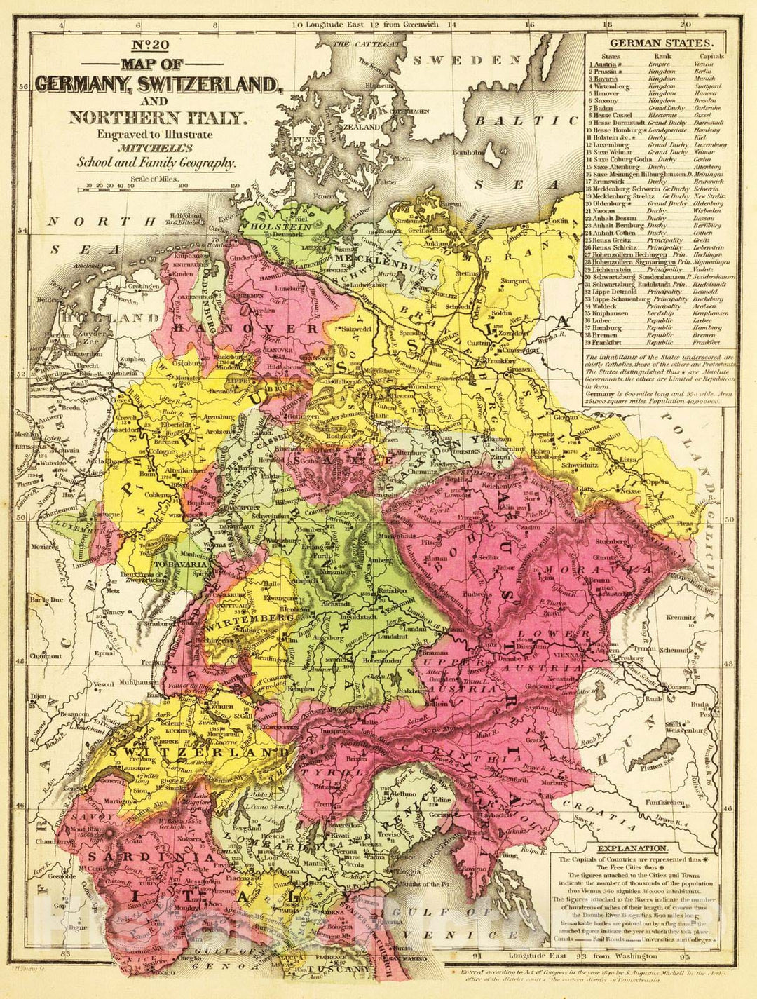 Historic Map : School Atlas - 1847 Germany, Switzerland, N. Italy. - Vintage Wall Art