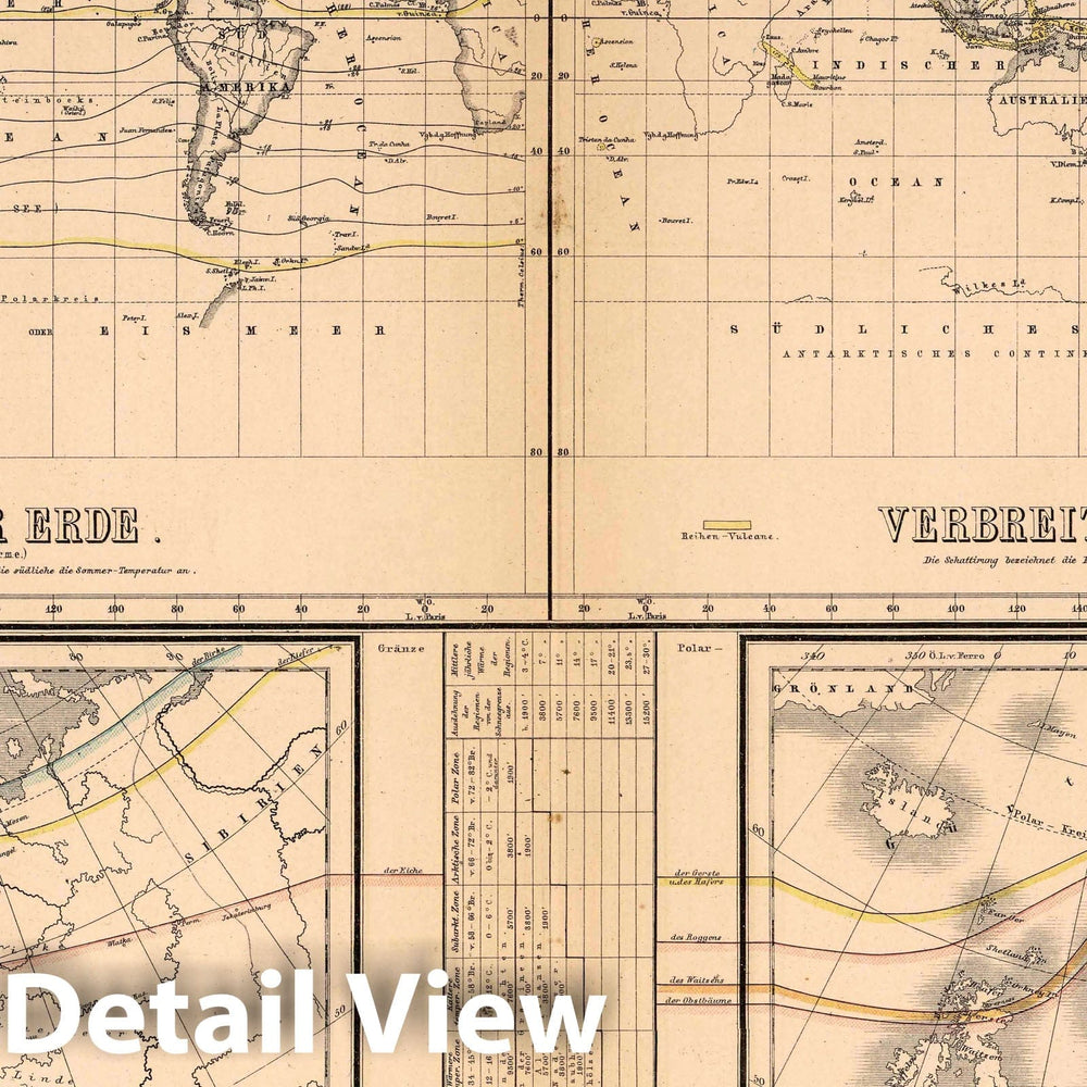 Historic Map : 1886 Isotherms of the earth. Spreading of the Volcanos. Trees and bush plants in Europe. Cultural plants in Europe. - Vintage Wall Art