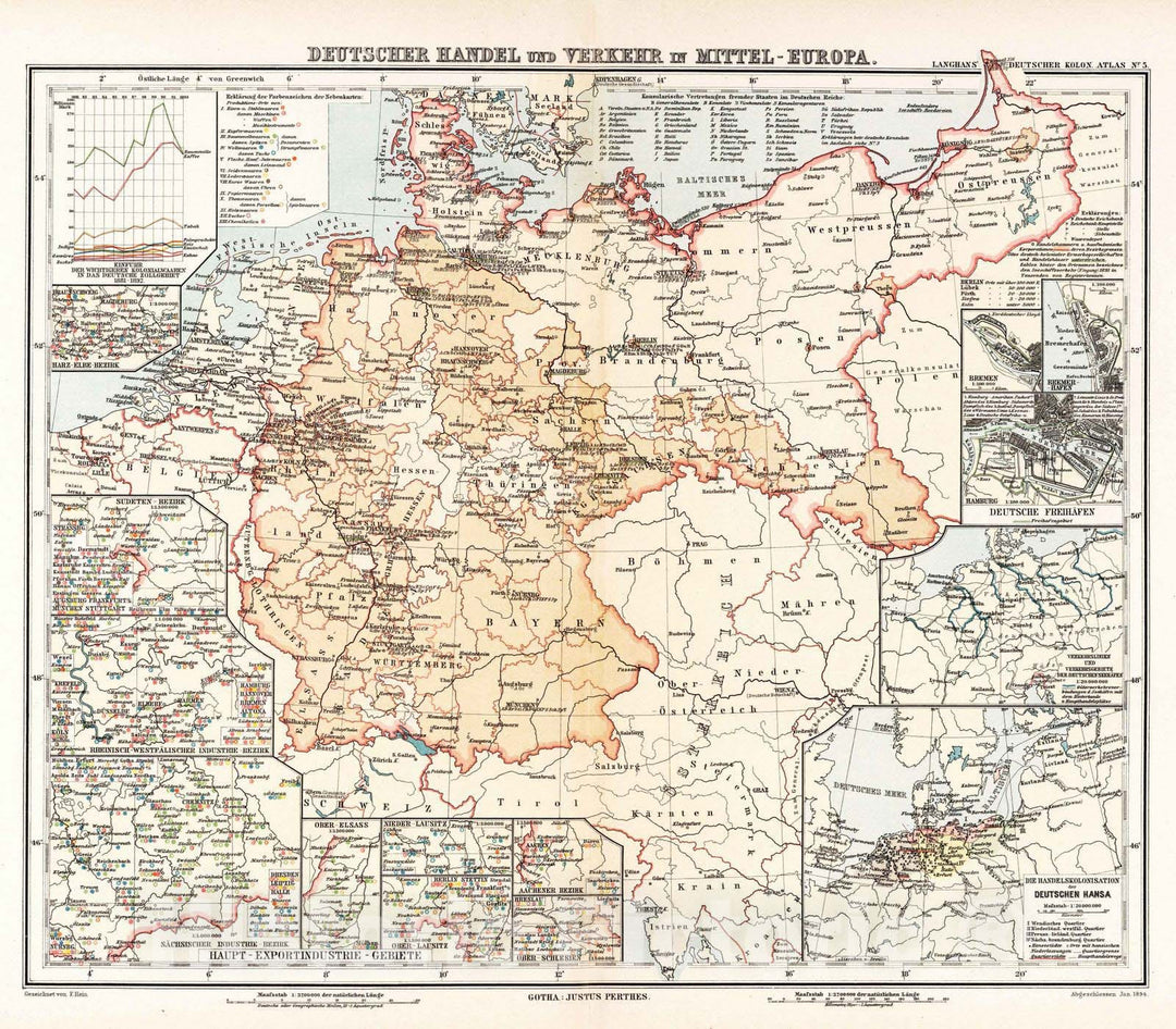 Historic Map : Germany, 1894 Nr. 5. Deutscher Handel und Verkehr in Mittel-Europa. (German Trade and Transport in Central Europe.) , Vintage Wall Art