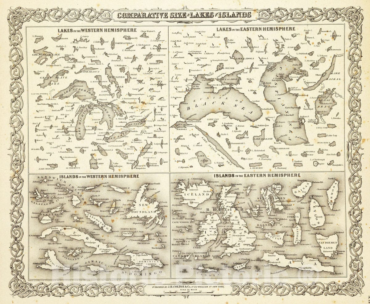 Historic Map : 1856 Comparative Size of Lakes and Islands. - Vintage Wall Art