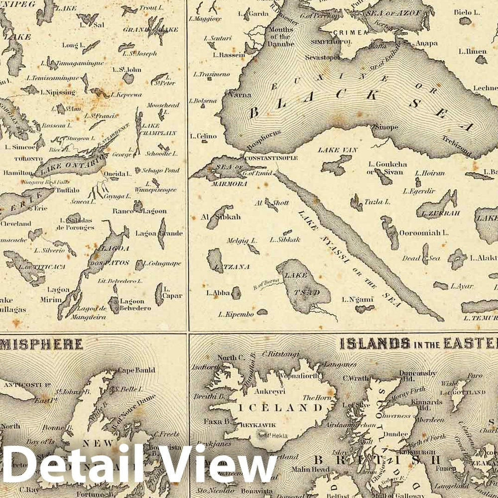 Historic Map : 1856 Comparative Size of Lakes and Islands. - Vintage Wall Art