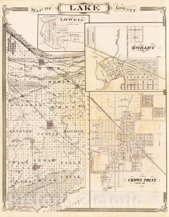 Historic Map : 1876 Map of Lake County (with) Lowell, Hobart, Crown Point. - Vintage Wall Art