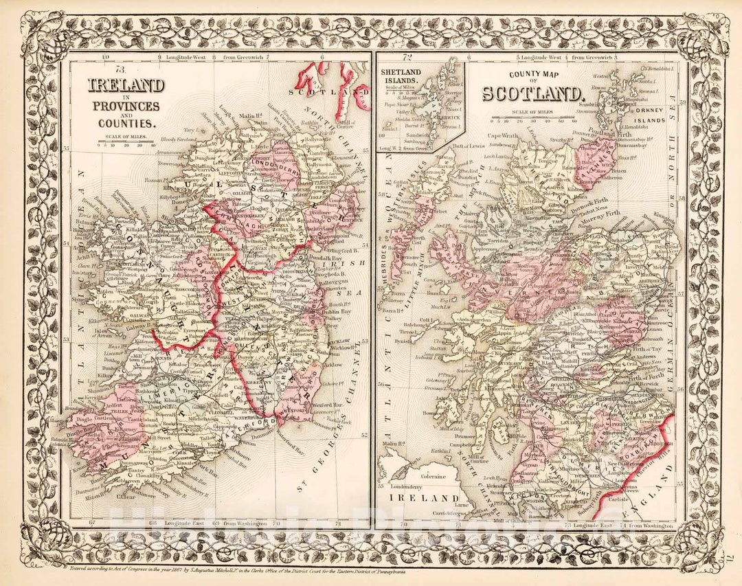 Historic Map : 1868 County map of Scotland - Vintage Wall Art