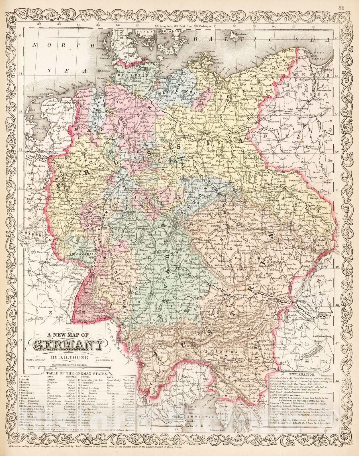 Historic Map : 1857 A new map of Germany - Vintage Wall Art