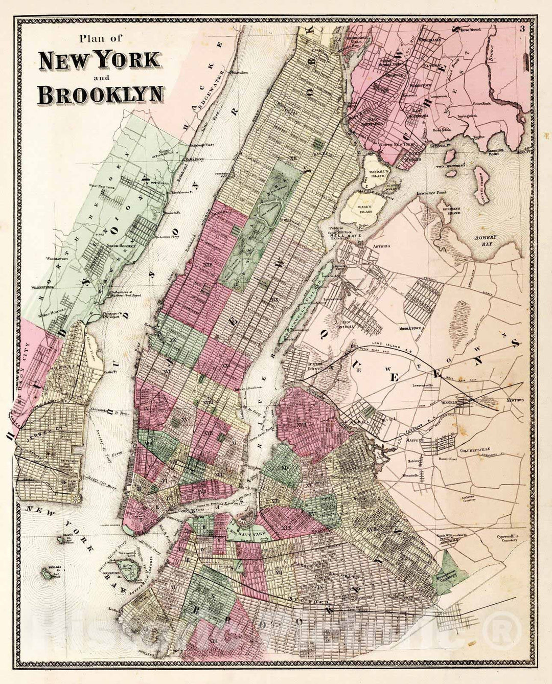 Historic Map : 1867 Plan of New York and Brooklyn. - Vintage Wall Art