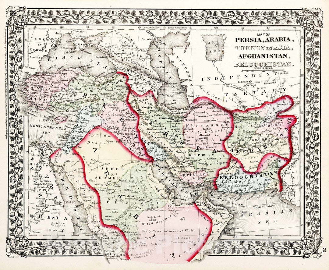 Historic Map : 1874 Map of Persia, Arabia, Turkey in Asia, Afghanistan, Beloochistan : Vintage Wall Art