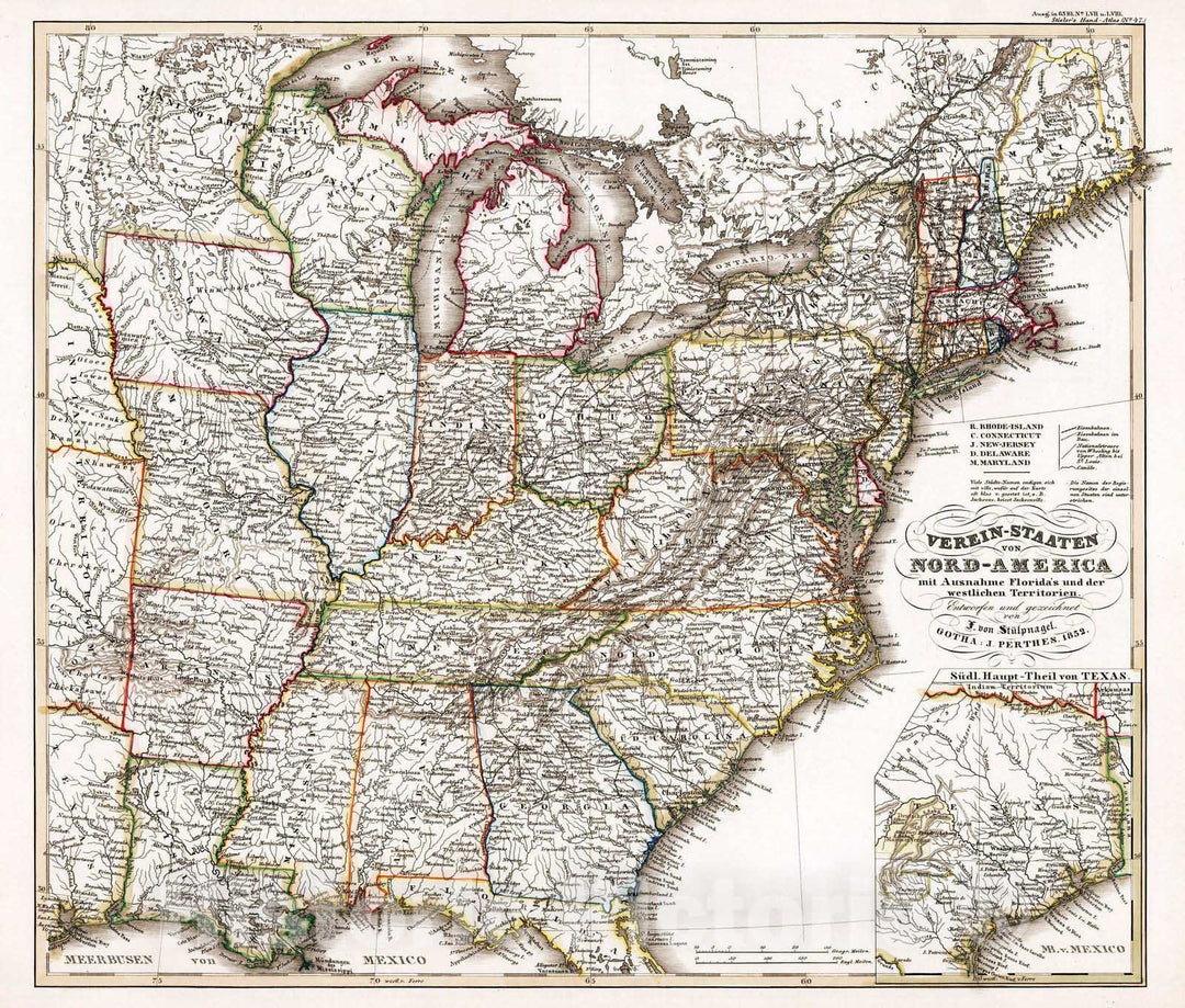 Historic Map : United States, 1852 Verein-Staaten von Nord-Amerika. (North America). , Vintage Wall Art