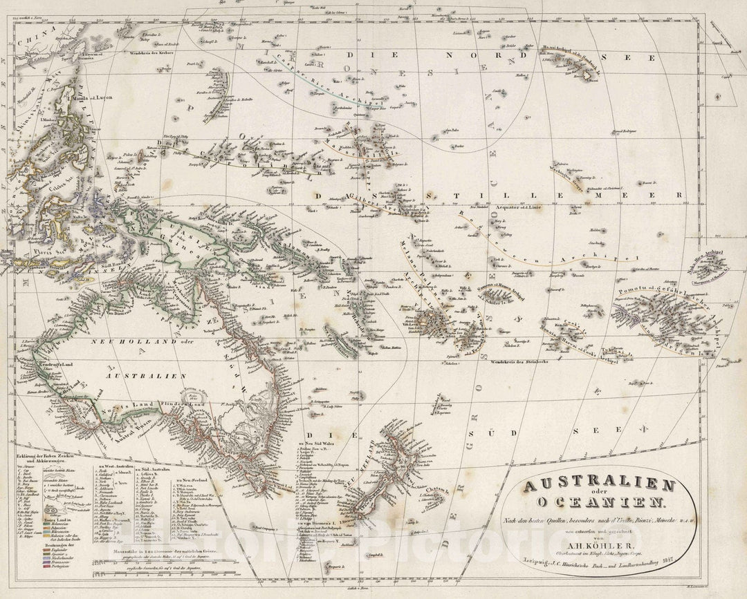 Historic Map : Australia, Oceania 1847 Sud=Amerika nach den neuesten quellen entworfen von A.H. Kohler v1 , Vintage Wall Art