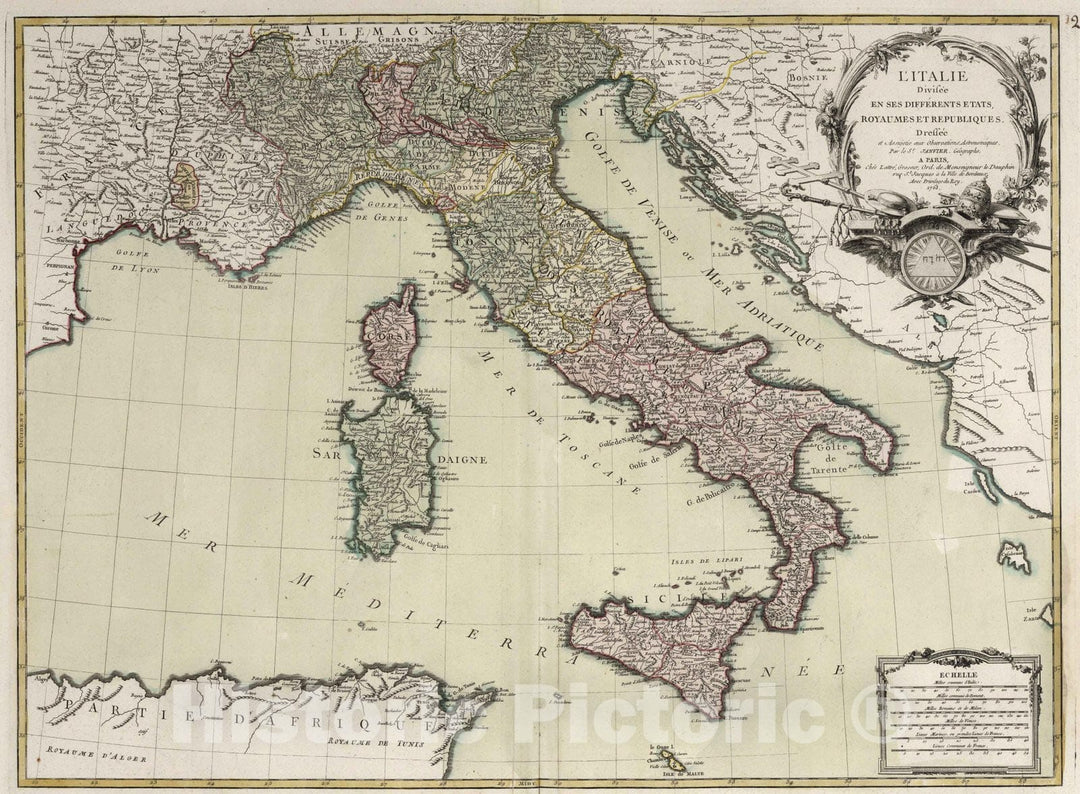 Historic Map : Italy, , Europe 1763 L'Italie, divisee en ses differents Etats, Royaumes et Republiques , Vintage Wall Art