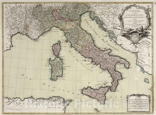 Historic Map : Italy, , Europe 1763 L'Italie, divisee en ses differents Etats, Royaumes et Republiques , Vintage Wall Art