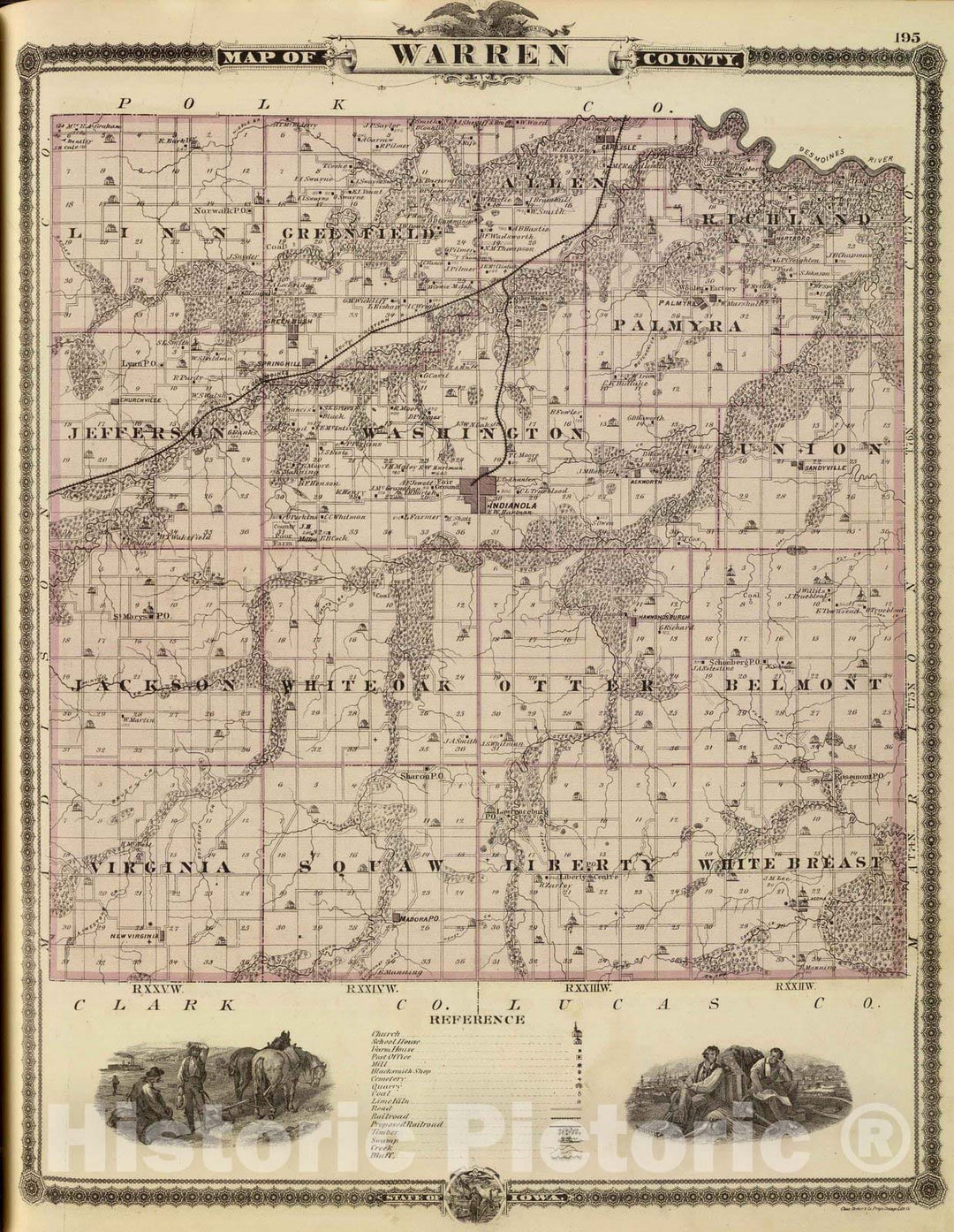 Historic Map : 1875 Map of Warren County, State of Iowa. - Vintage Wall Art