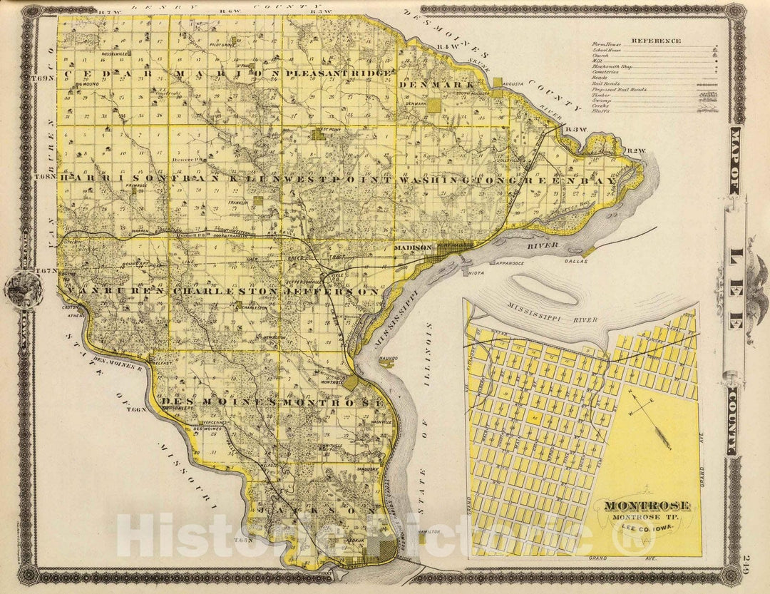 Historic Map : 1875 Map of Lee County and Montrose, State of Iowa. - Vintage Wall Art