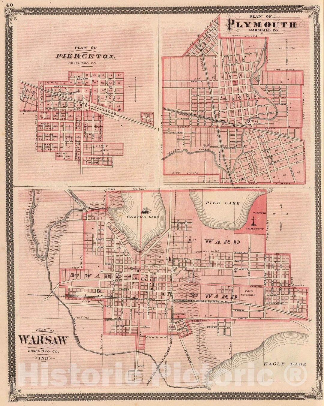 Historic Map : 1876 Plan of Warsaw (with) Pierceton, Plymouth. - Vintage Wall Art