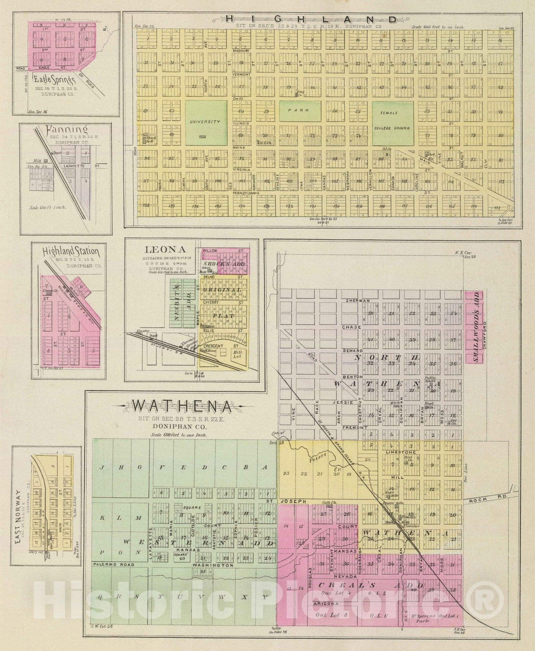 Historic Wall Map : 1887 Highland, Wathena, Eagle Springs, Fanning, Highland Station, Leona, E. Norway. - Vintage Wall Art