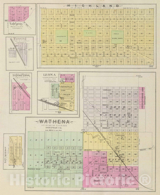 Historic Wall Map : 1887 Highland, Wathena, Eagle Springs, Fanning, Highland Station, Leona, E. Norway. - Vintage Wall Art