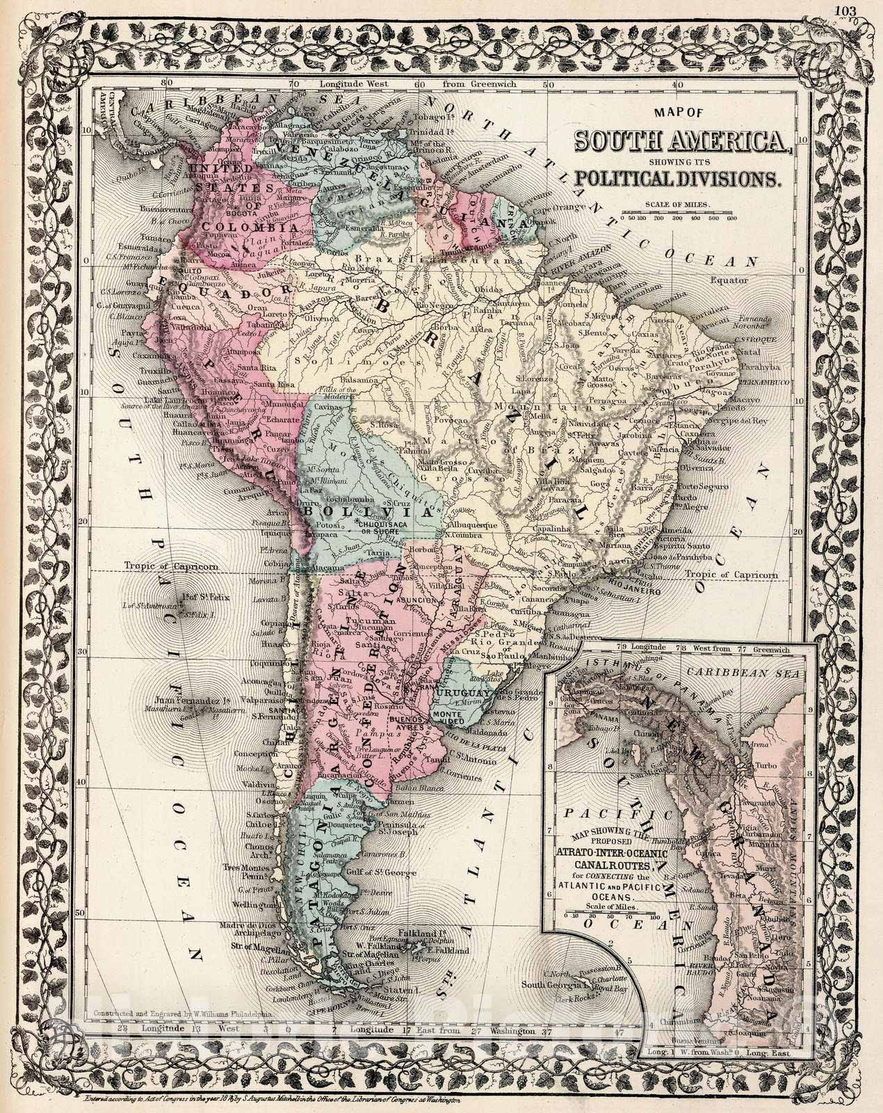 Historic Map : 1877 Map of South America, showing its political divisions - Vintage Wall Art