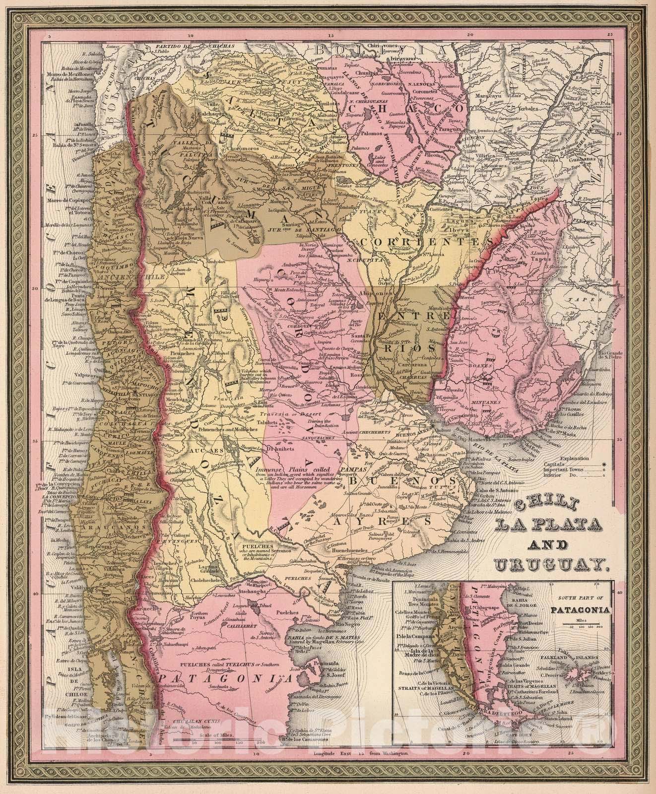 Historic Map : Argentina, 1850 Chili (Chile), La Plata and Uruguay. , Vintage Wall Art