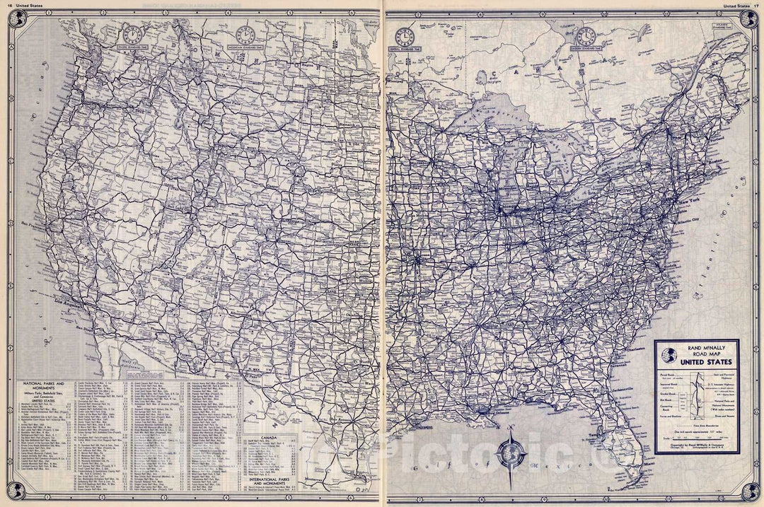 Historic Map : National Atlas - 1939 Rand McNally Road map: United States - Vintage Wall Art