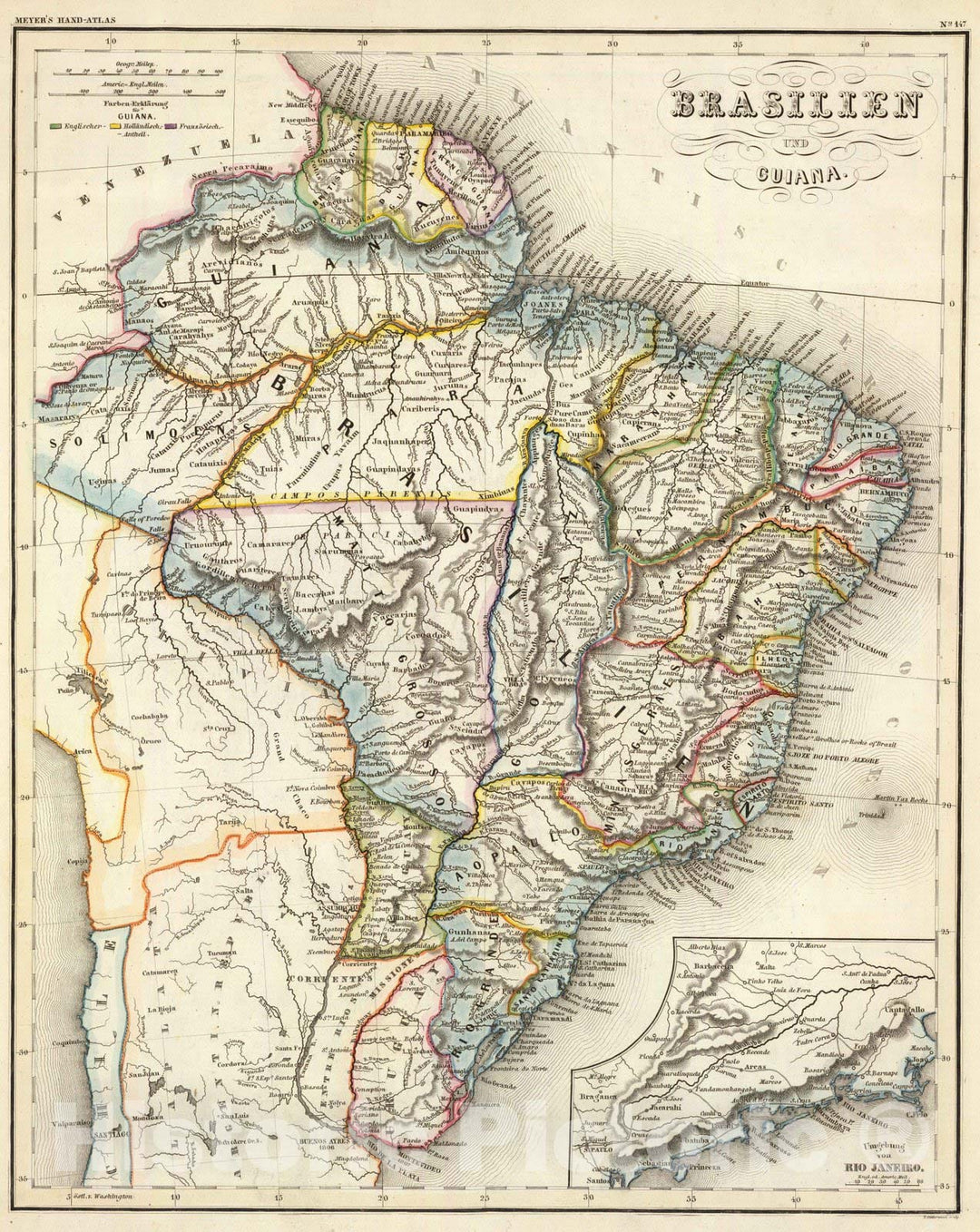 Historic Map : Brazil, Guiana, South America 1860 Brasilien, Guiana. , Vintage Wall Art