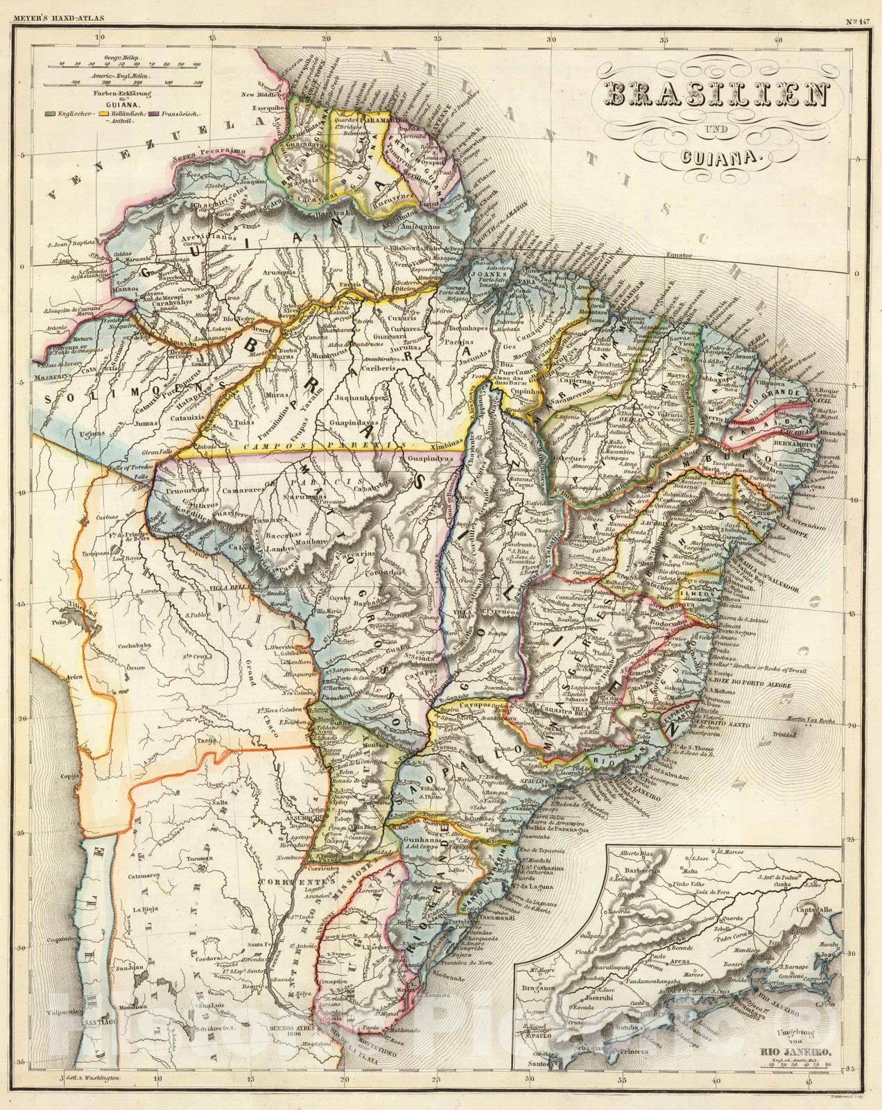 Historic Map : Brazil, Guiana, South America 1860 Brasilien, Guiana. , Vintage Wall Art