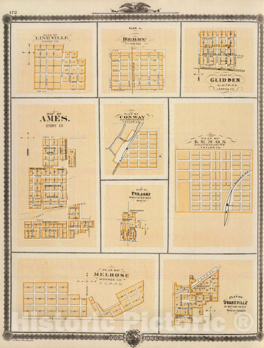 Historic Map : 1875 Lineville, Derby, Glidden, Ames, Conway, Pulaski, Lenox, Melrose, Drakeville, State of Iowa. - Vintage Wall Art