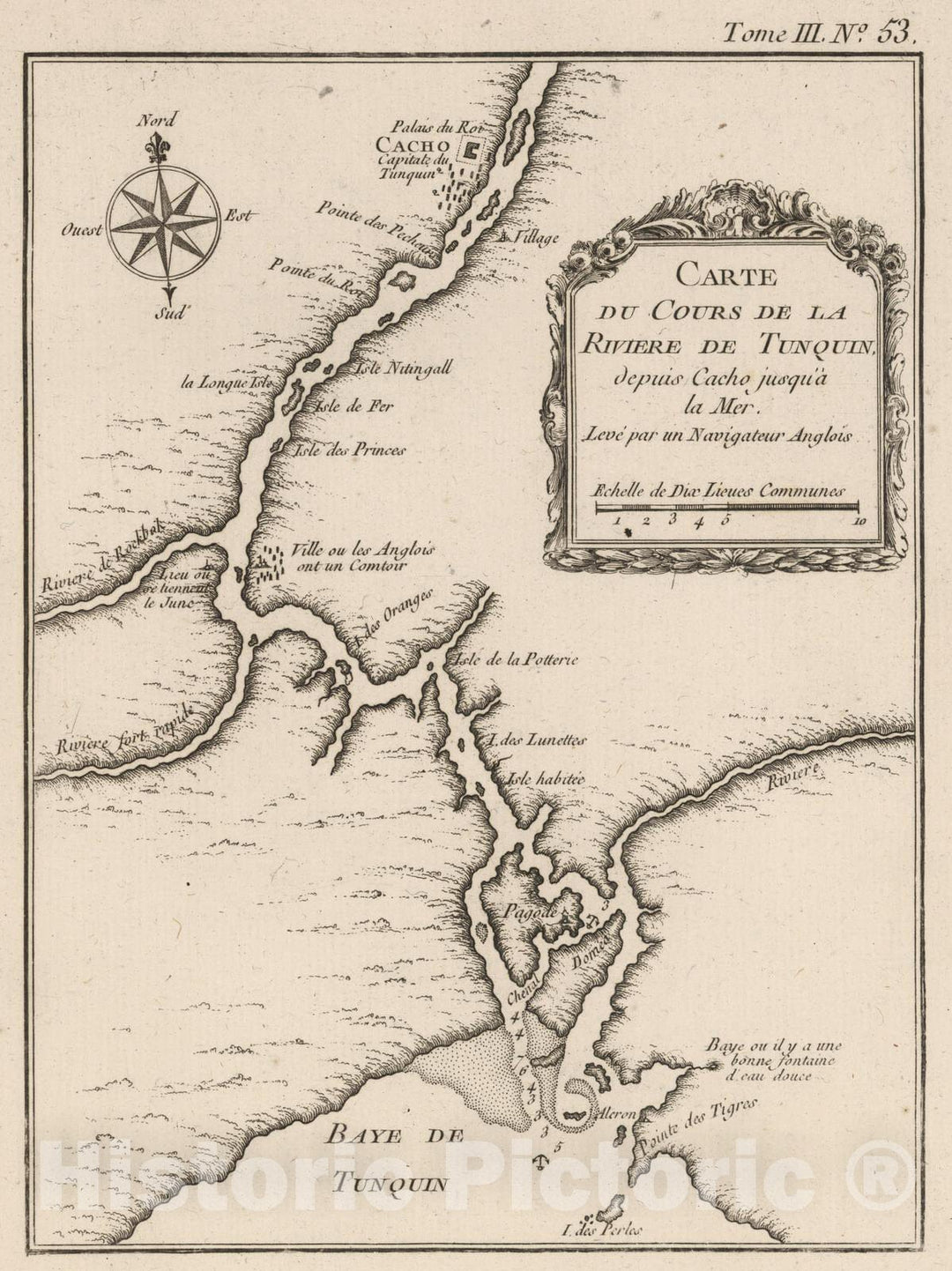 Historic Map : Vietnam, 1764 Carte du cours de la riviere de Tunquin depuis Cacho jusqu'a la mer , Vintage Wall Art