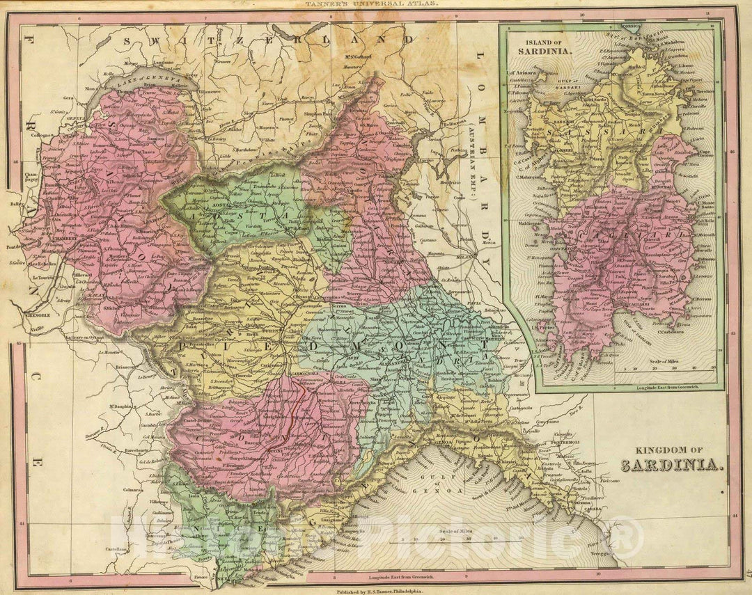 Historic Map : 1836 Kingdom of Sardinia. - Vintage Wall Art