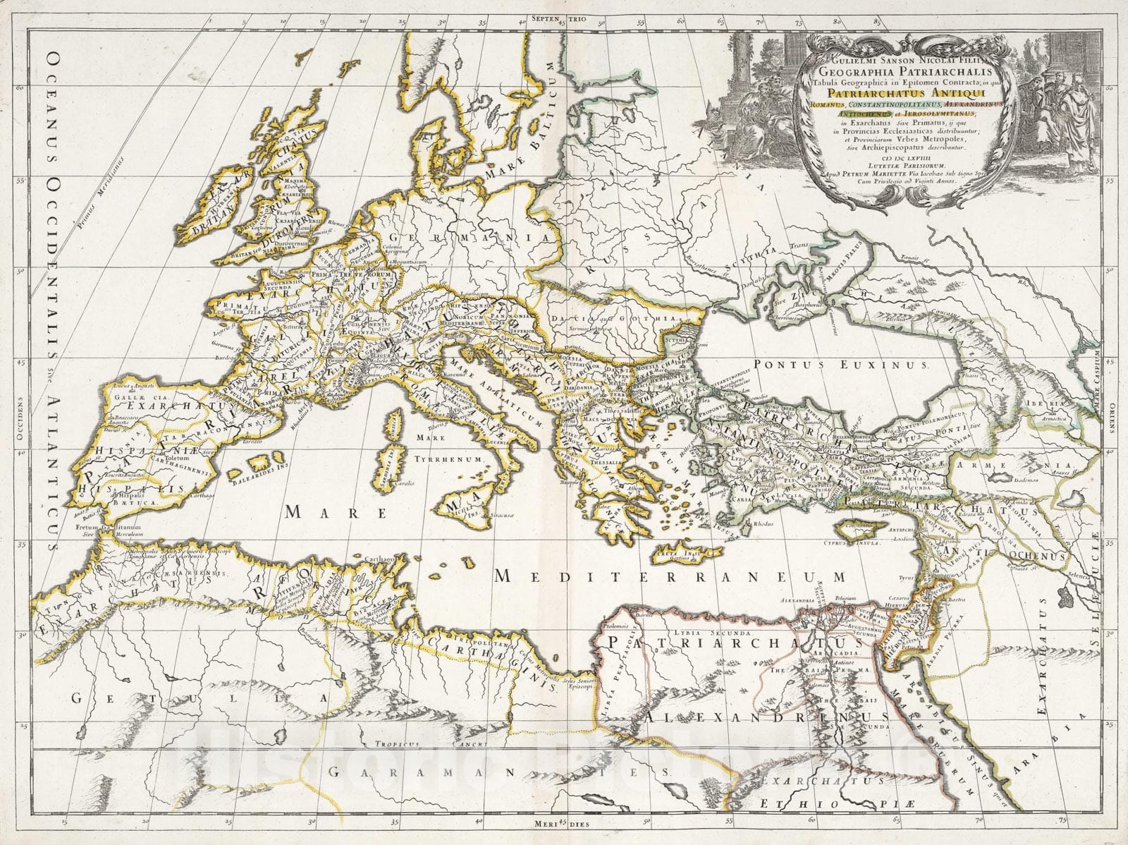 Historic Map : Mediterranean, Europe 1669 Ancient patriarchates: Roman, Constantinople, Alexander, Antiochenus and Ierosolymitanus. , Vintage Wall Art