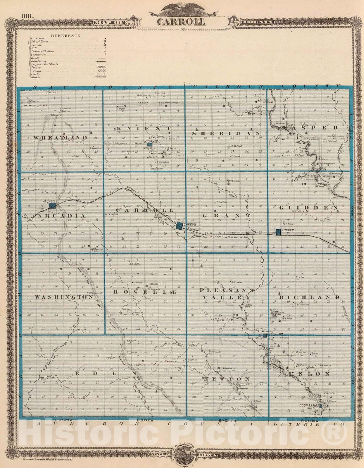 Historic Map : 1875 Map of Carroll County, State of Iowa. - Vintage Wall Art