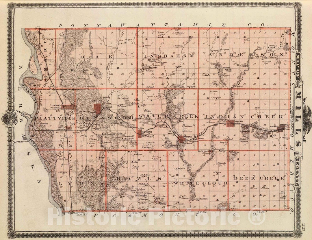 Historic Map : 1875 Map of Mills County, State of Iowa. - Vintage Wall Art