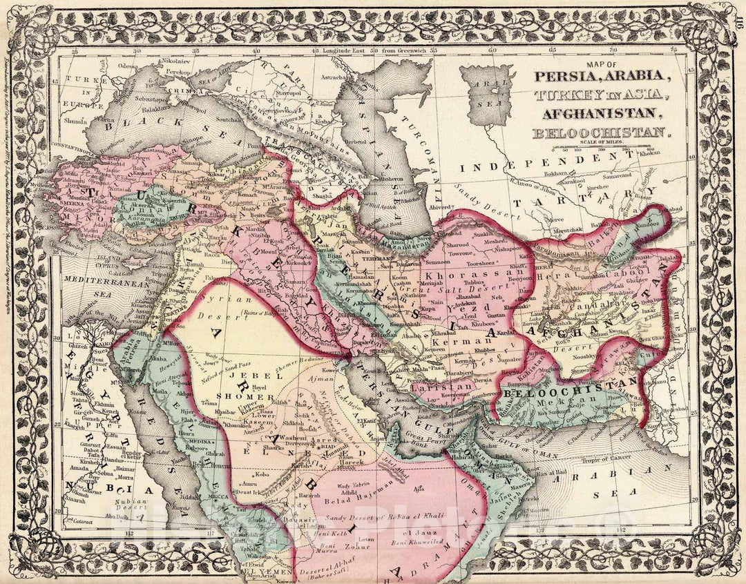 Historic Map : 1877 Map of Persia, Arabia, Turkey in Asia, Afghanistan, Beloochistan - Vintage Wall Art