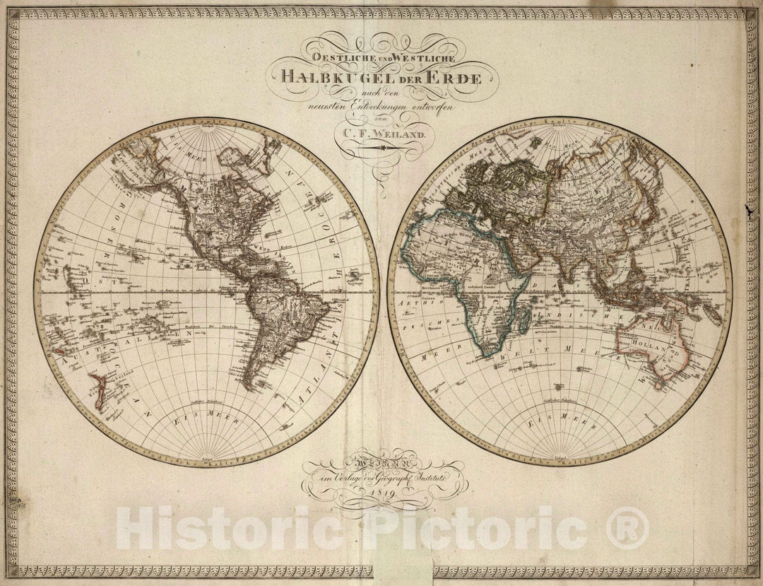 Historic Map : 1819 I. Eastern and Western Hemisphere. - Vintage Wall Art