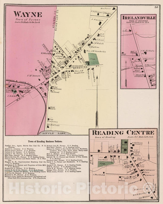 Historic Map : 1874 Wayne, Schuyler County, New York. Irelandville. Reading Centre. - Vintage Wall Art