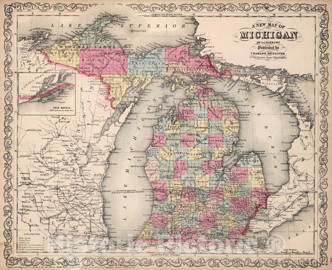 Historic Map : 1859 Michigan. v2 - Vintage Wall Art