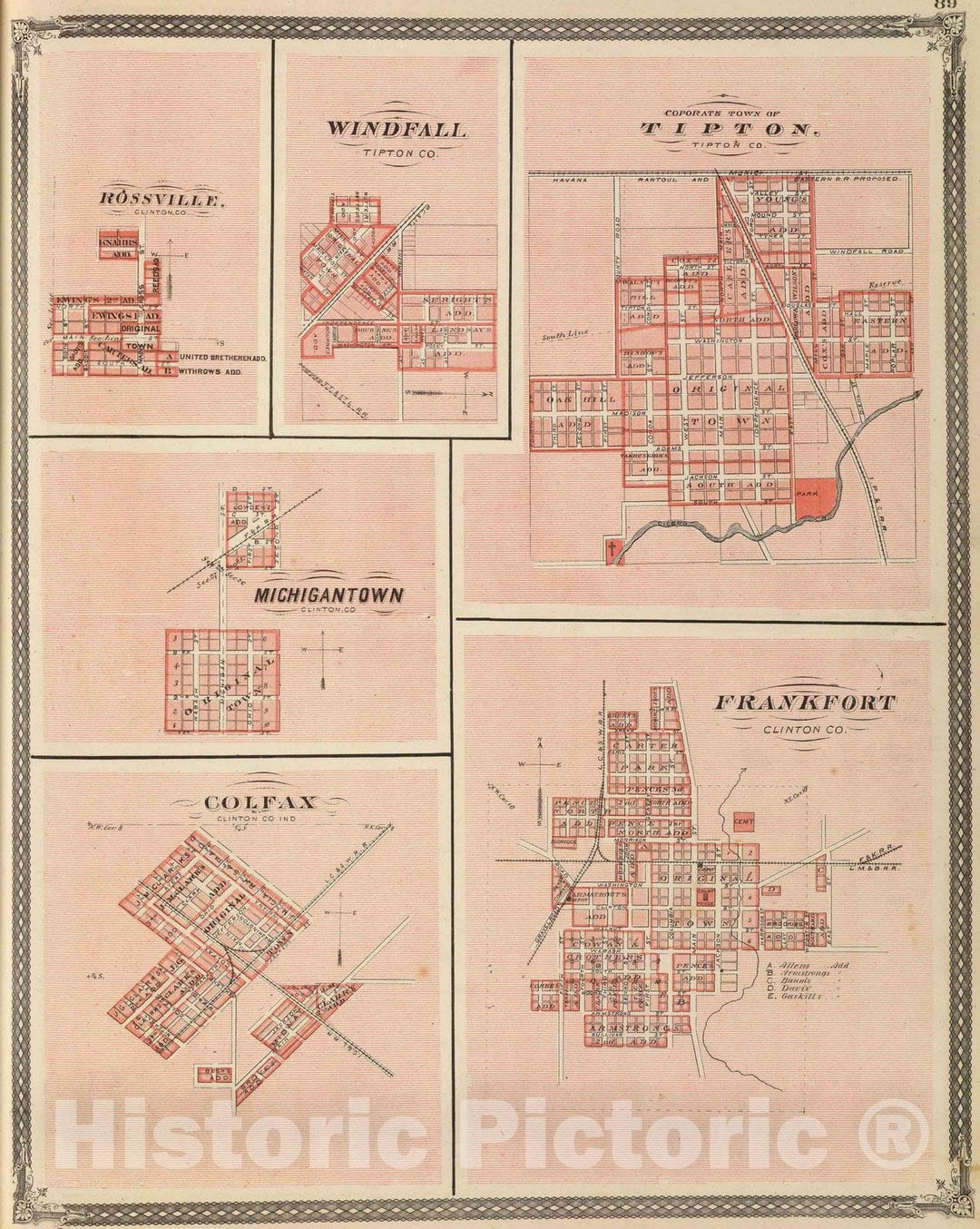 Historic Map : 1876 Frankfort, Clinton Co. (with) Tipton, Rossville, Windfall, Michigantown, Colfax. - Vintage Wall Art