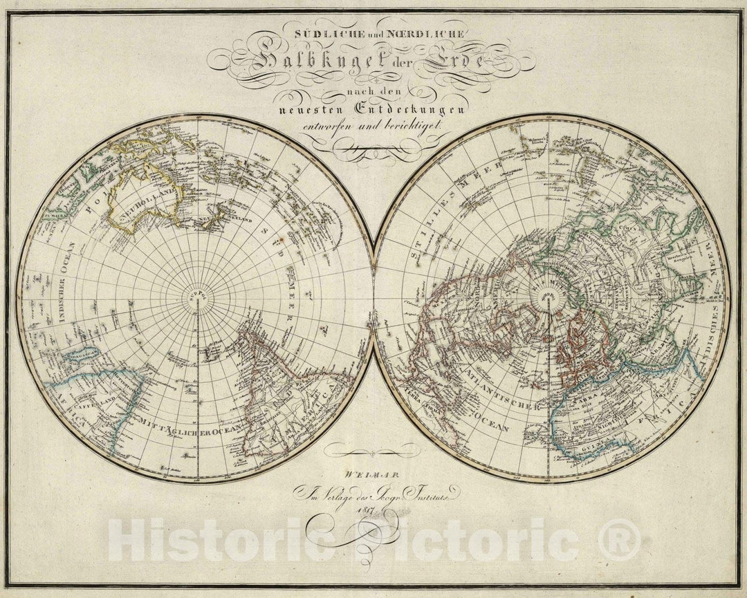 Historic Map : 1817 II. Southern and Northern hemisphere of the earth according to the latest discoveries. - Vintage Wall Art