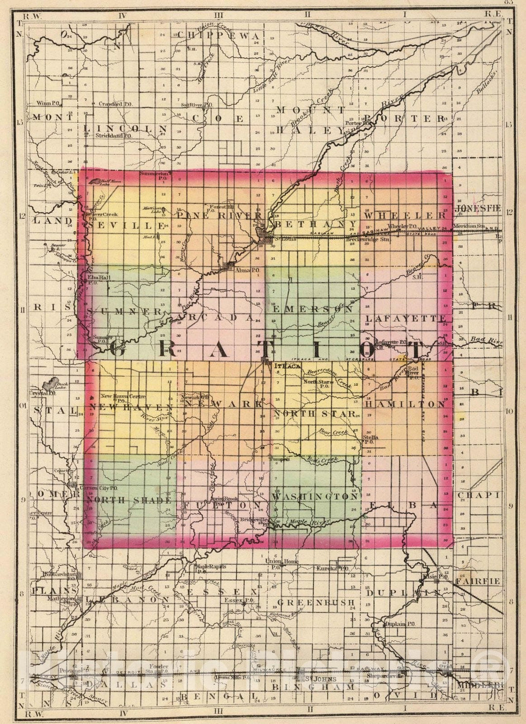 Historic Map : 1873 (Map of Gratiot County, Michigan) - Vintage Wall Art