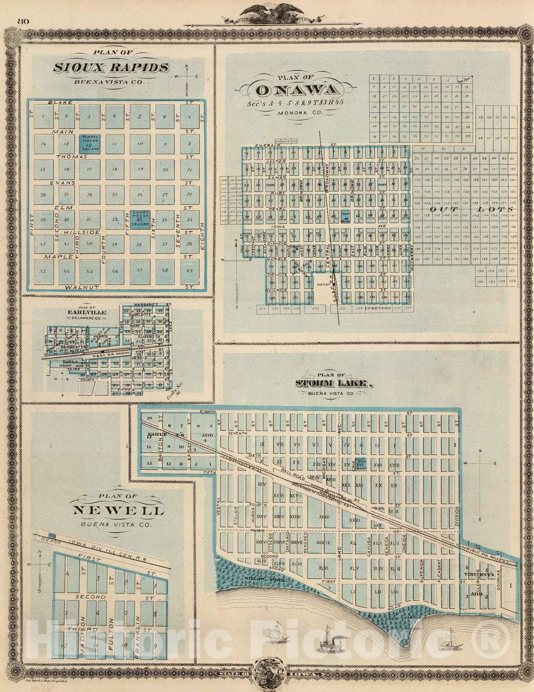 Historic Wall Map : 1875 Plans of Sioux Rapids, Onawa, Storm Lake, Newell and Earlville. - Vintage Wall Art