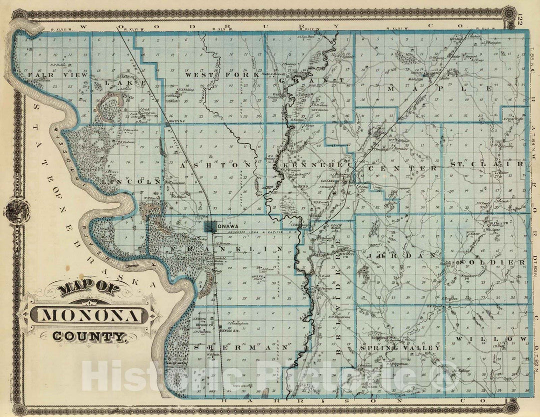 Historic Map : 1875 Map of Monona County, State of Iowa. v2 - Vintage Wall Art