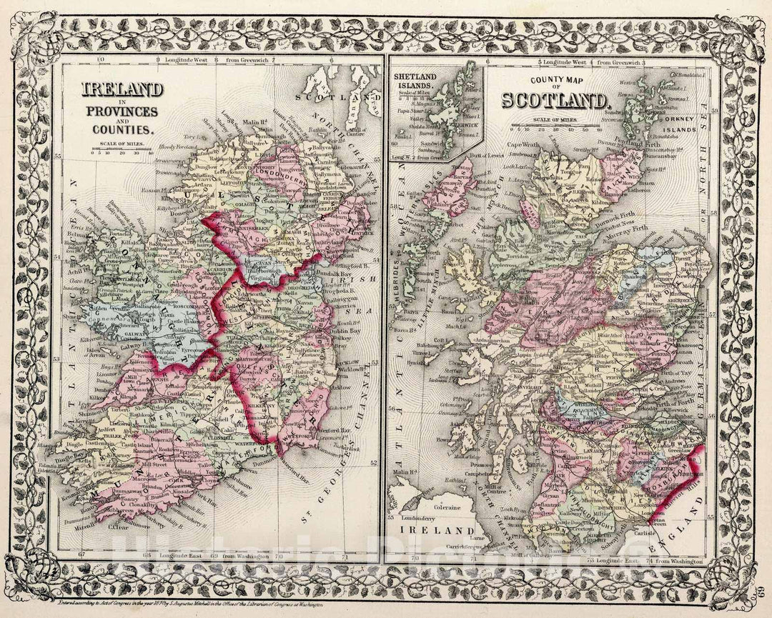 Historic Map : 1874 Ireland in provinces and counties. County map of Scotland - Vintage Wall Art