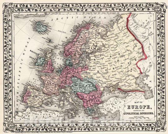 Historic Map : 1877 Map of Europe, showing its Gt. political divisions - Vintage Wall Art