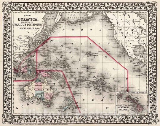 Historic Map : 1877 Map of Oceanica, exhibiting its various divisions, island groups - Vintage Wall Art