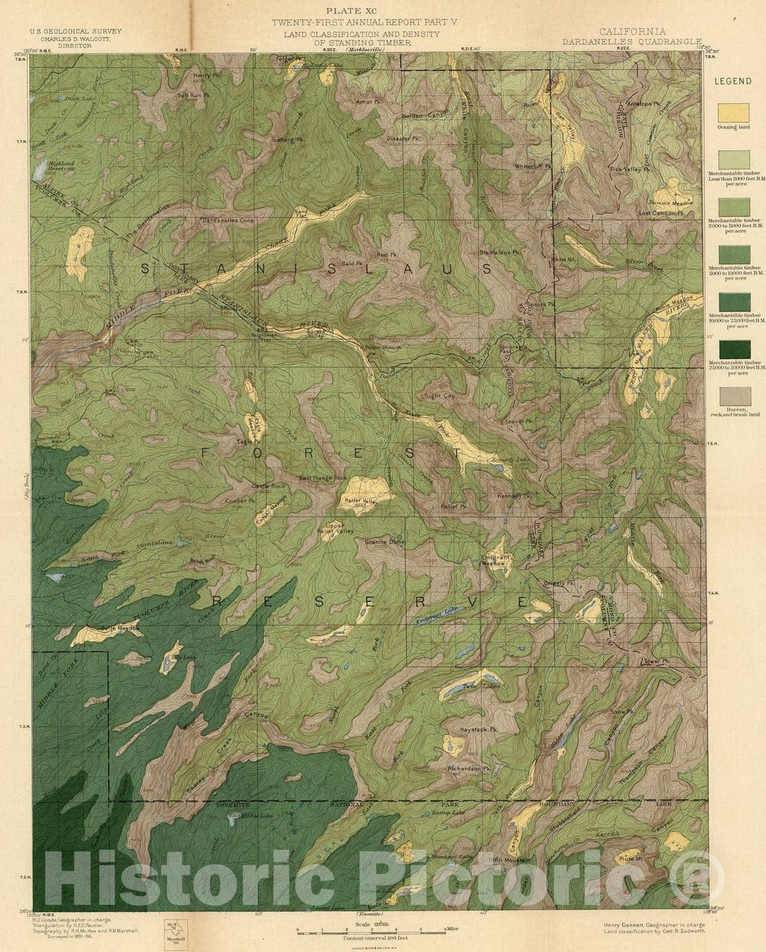 Historic Map : Geologic Atlas - 1900 Plate XC. Dardanelles Quadrangle, California. Land Classification and Density of Standing Timber. - Vintage Wall Art