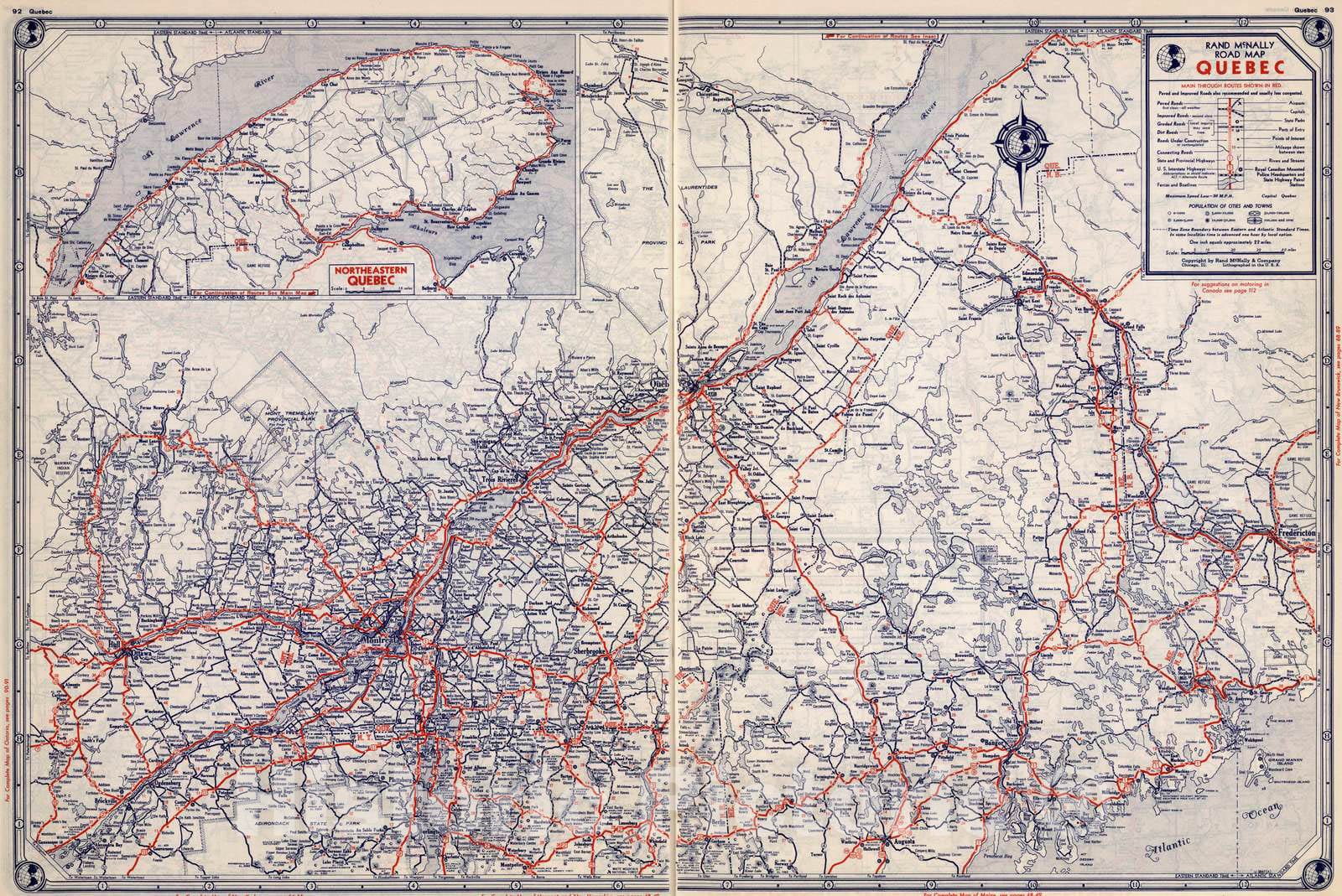 Historic Map : National Atlas - 1939 Rand McNally Road map: Quebec - Vintage Wall Art