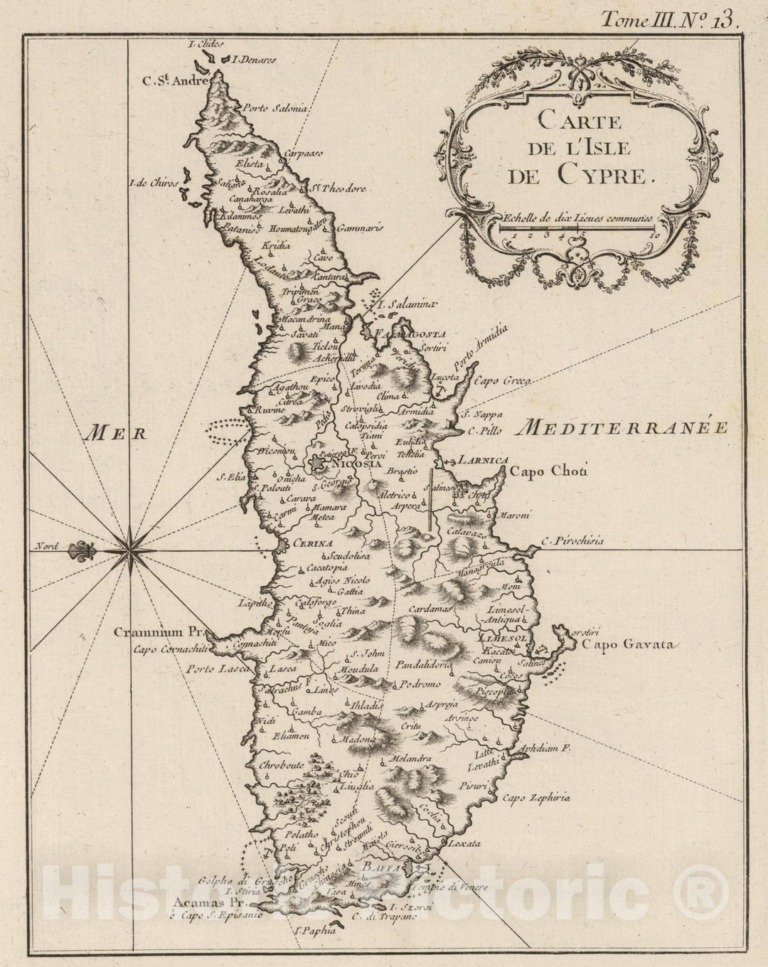 Historic Map : Cyprus, Mediterranean Region 1764 Carte de L'Isle de Cypre , Vintage Wall Art