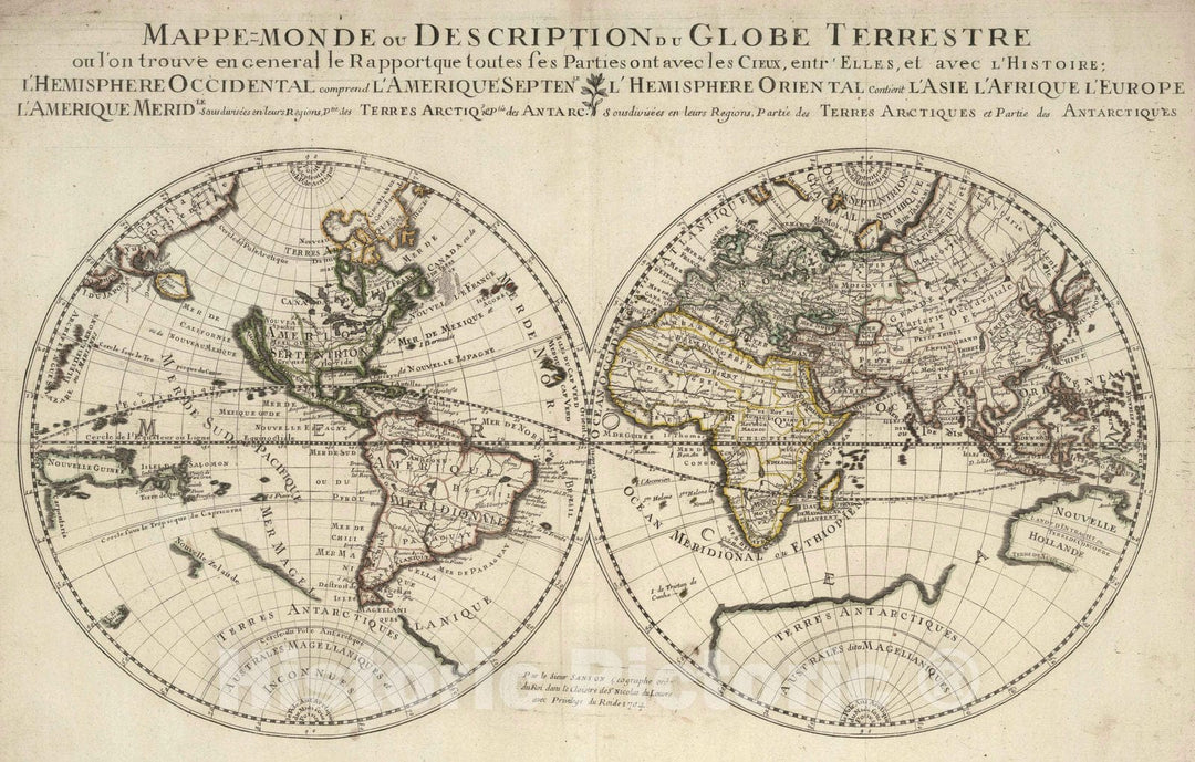 Historic Map : 1704 World Map or Description of Terrestrial Globe. - Vintage Wall Art