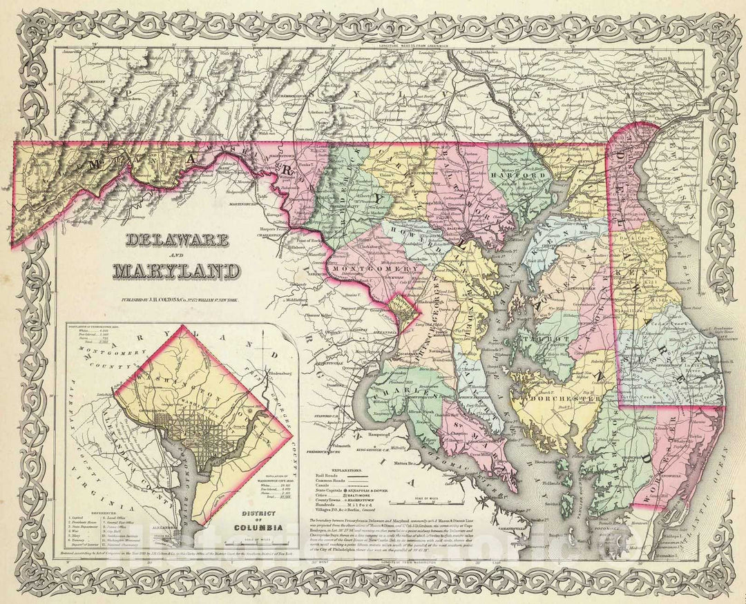 Historic Map : 1856 Delaware And Maryland. (with) District of Columbia. - Vintage Wall Art