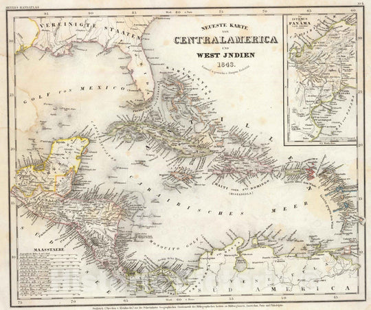 Historic Map : Panama, , Central America; West Indies 1843 Centralamerica, West Indien. , Vintage Wall Art