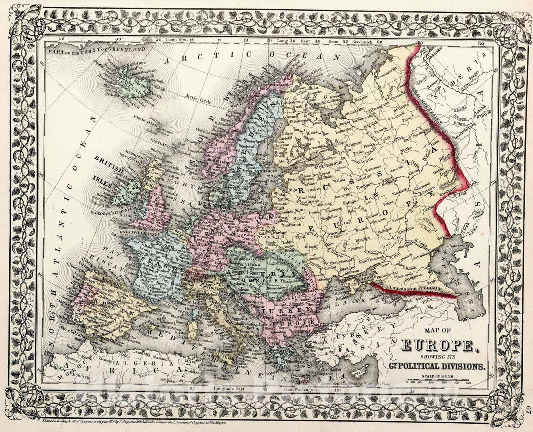 Historic Map : 1874 Map of Europe, showing its gt. political divisions - Vintage Wall Art